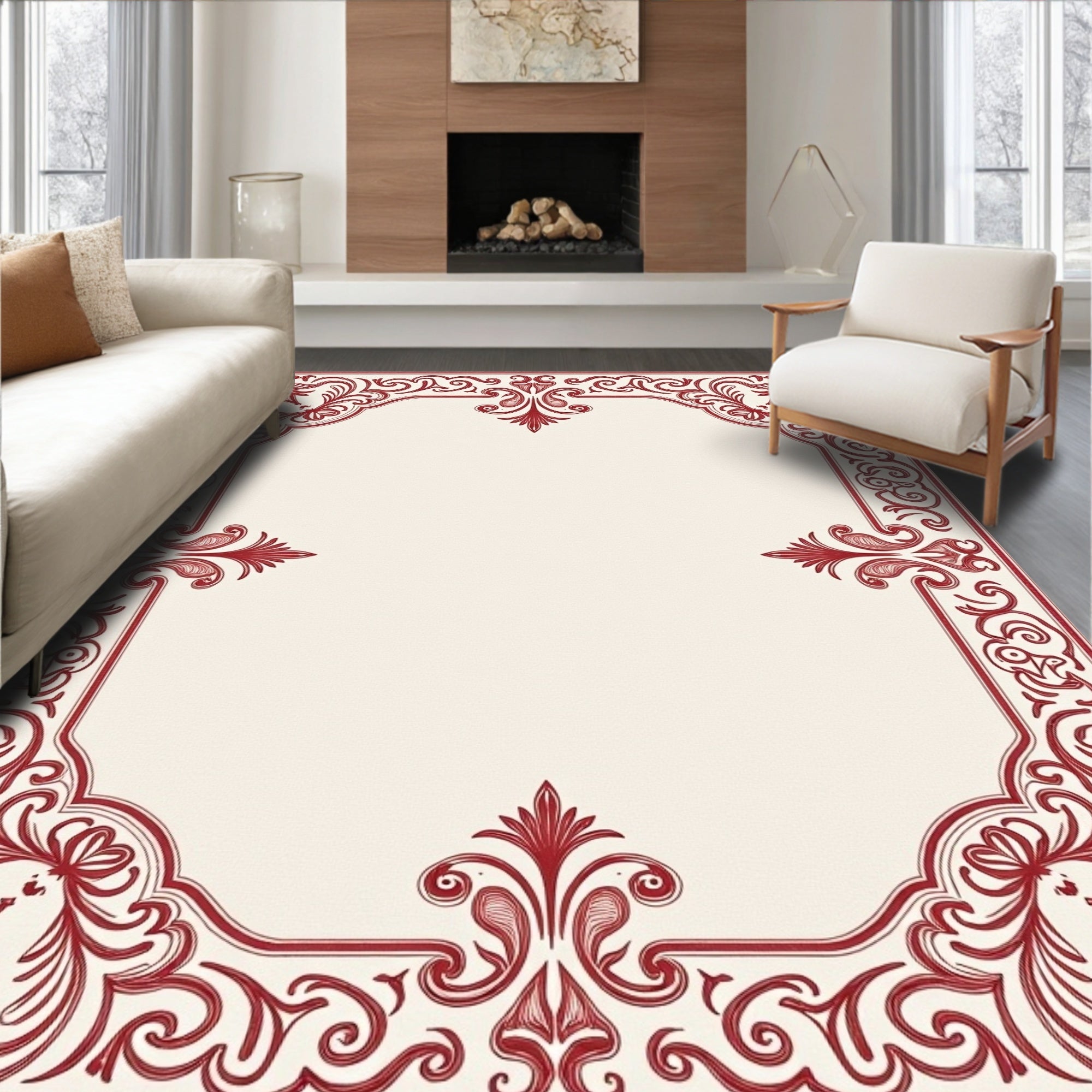 Deep Red Floral Scroll Border Rug