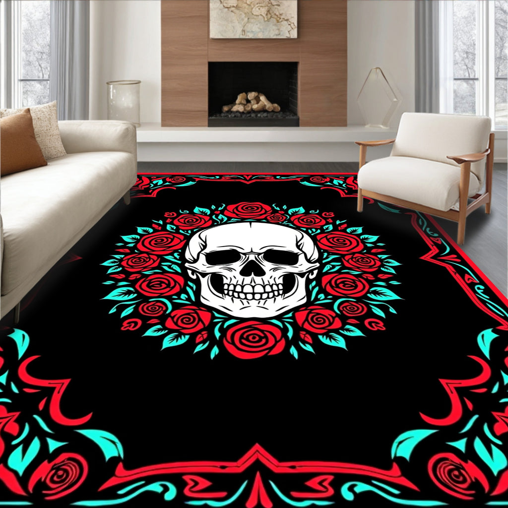 Gothic Skull Red Rose Frame Rug