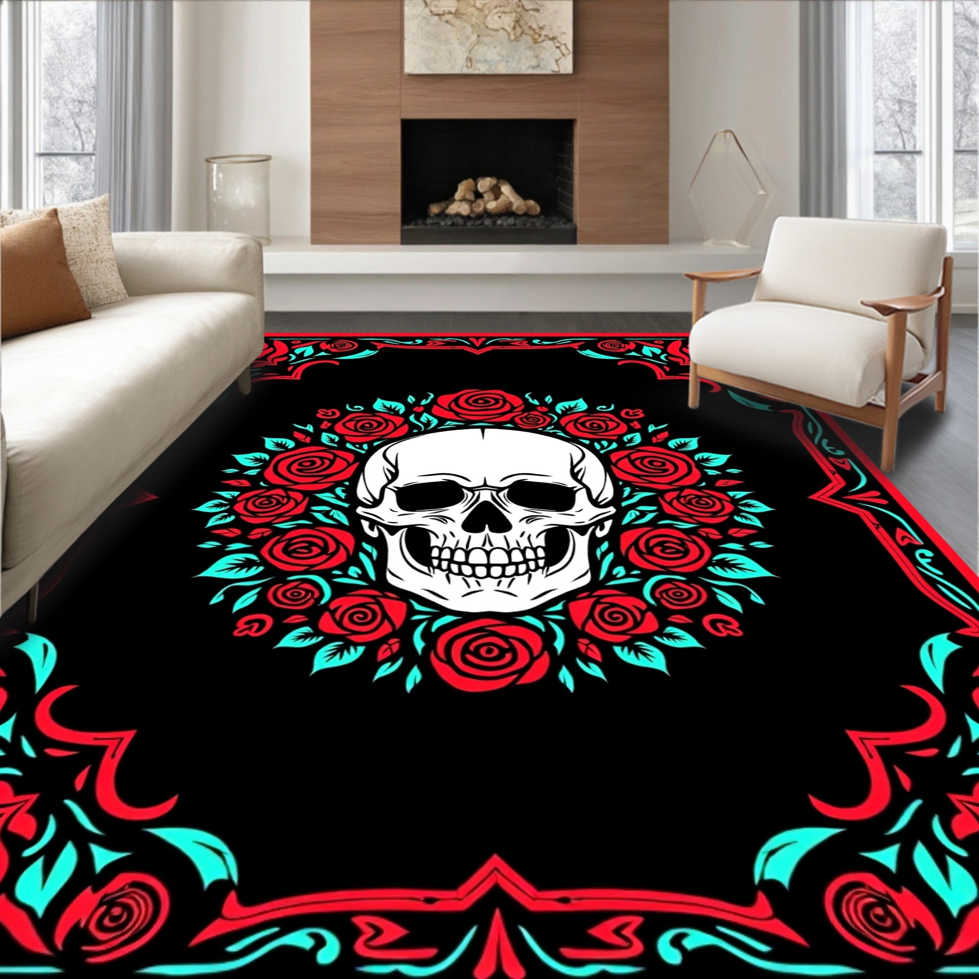 Gothic Skull Red Rose Frame Rug