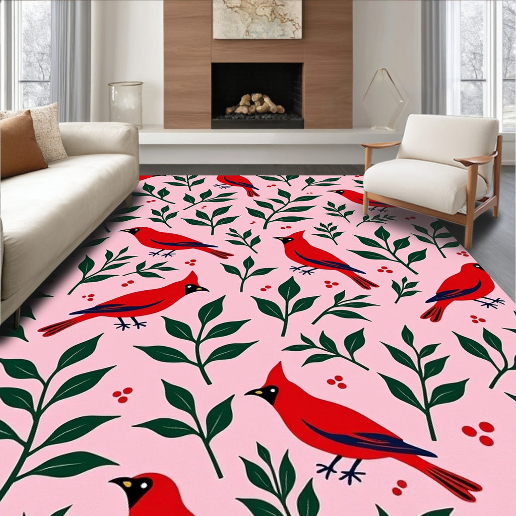 Charming Red Birds Greenery Pink Background Rug