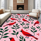 Charming Red Birds Greenery Pink Background Rug