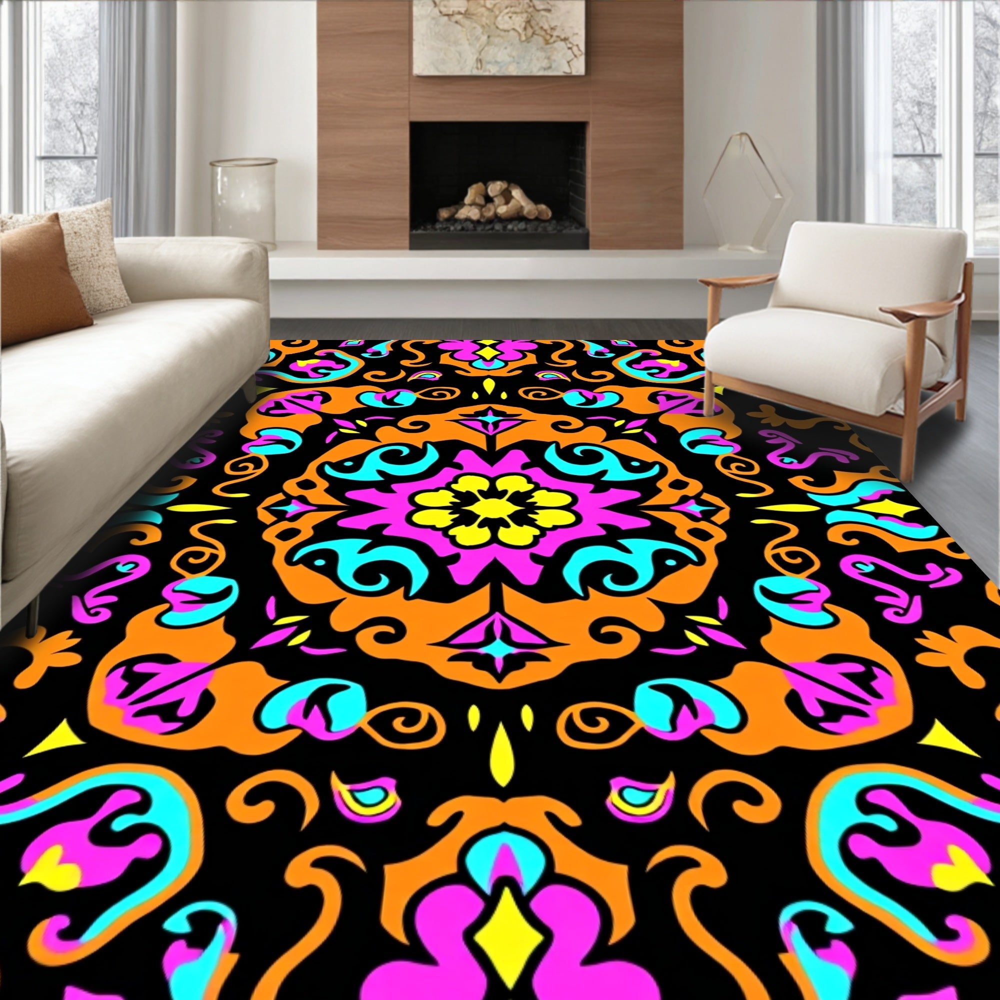 Vibrant Orange Teal Pink Medallion Rug