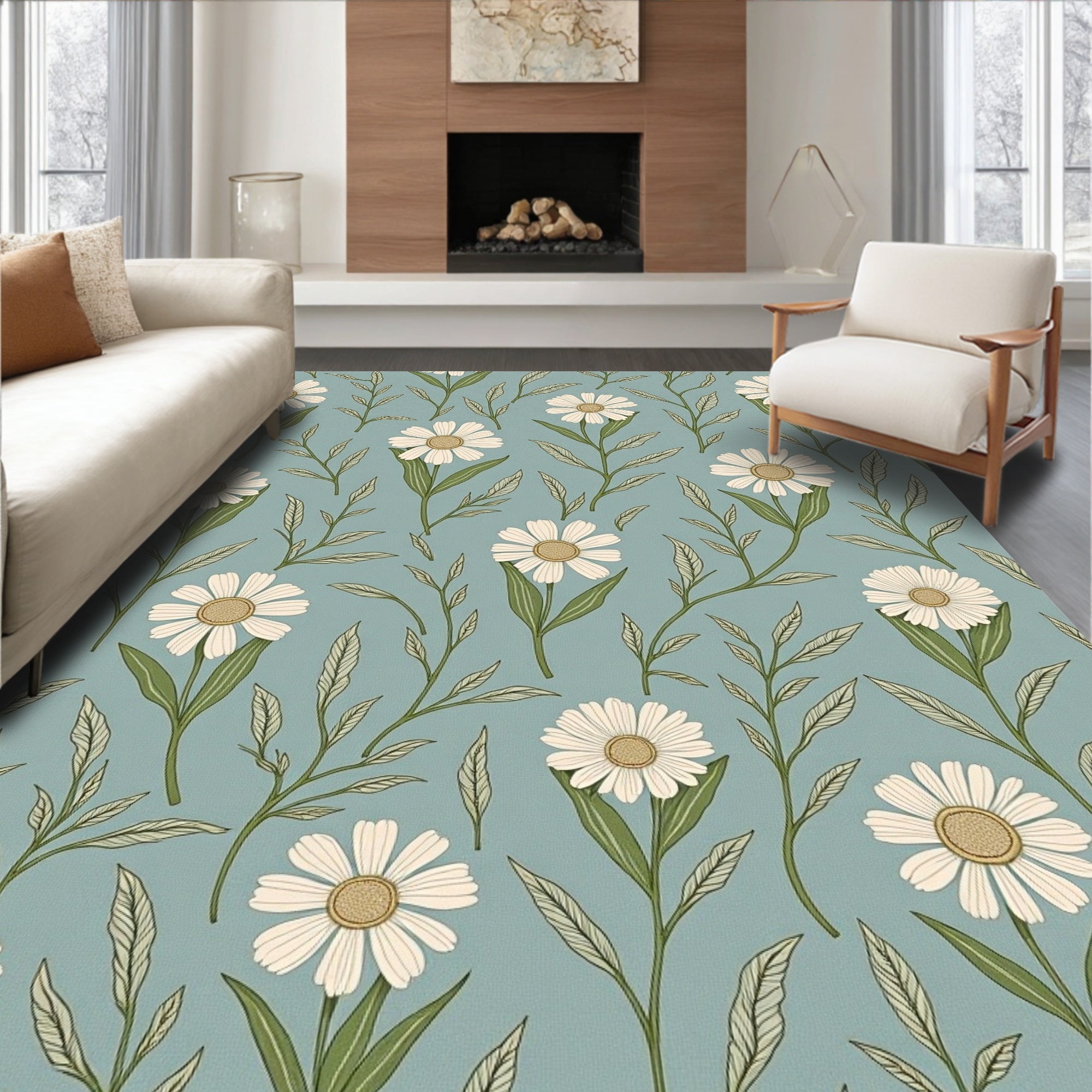 White Daisy Floral Garden Rug