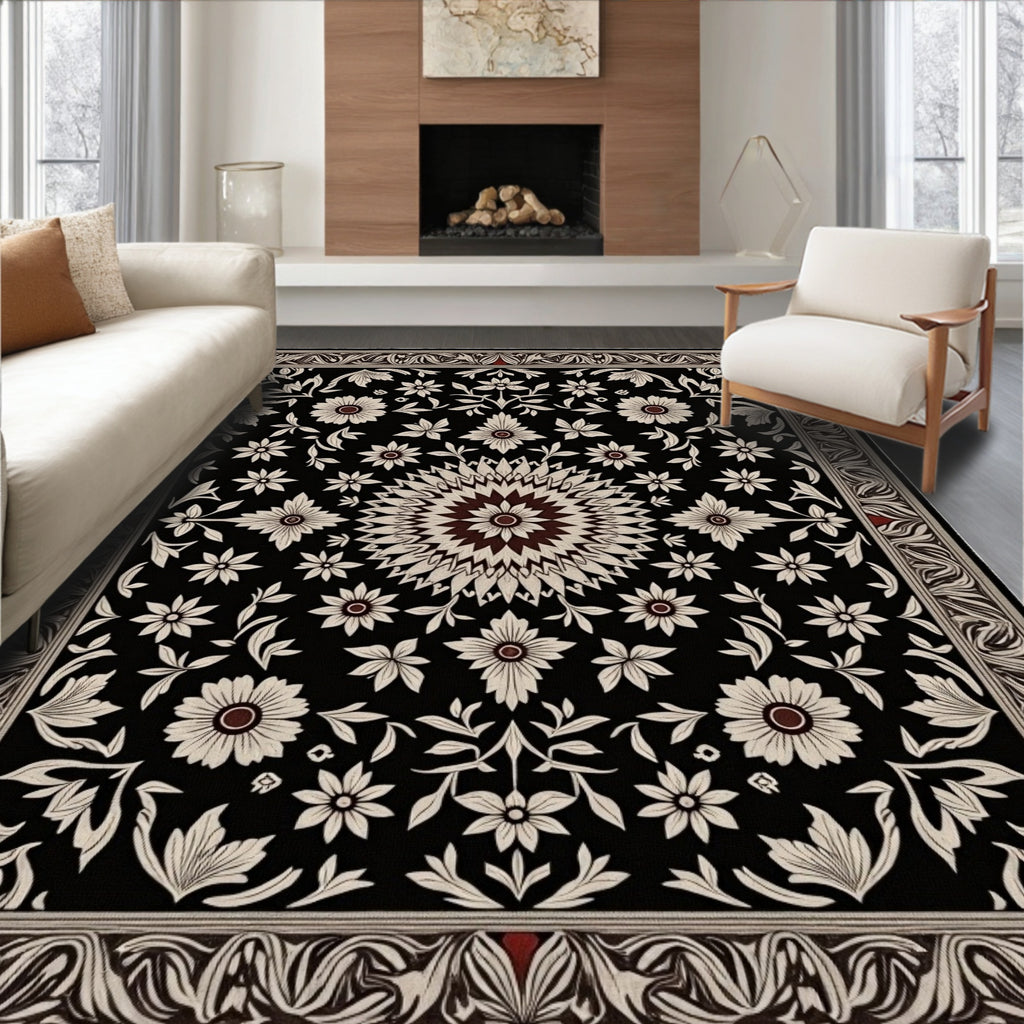 Rich Blossom Centered Black Ivory Rug
