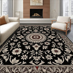 Rich Blossom Centered Black Ivory Rug