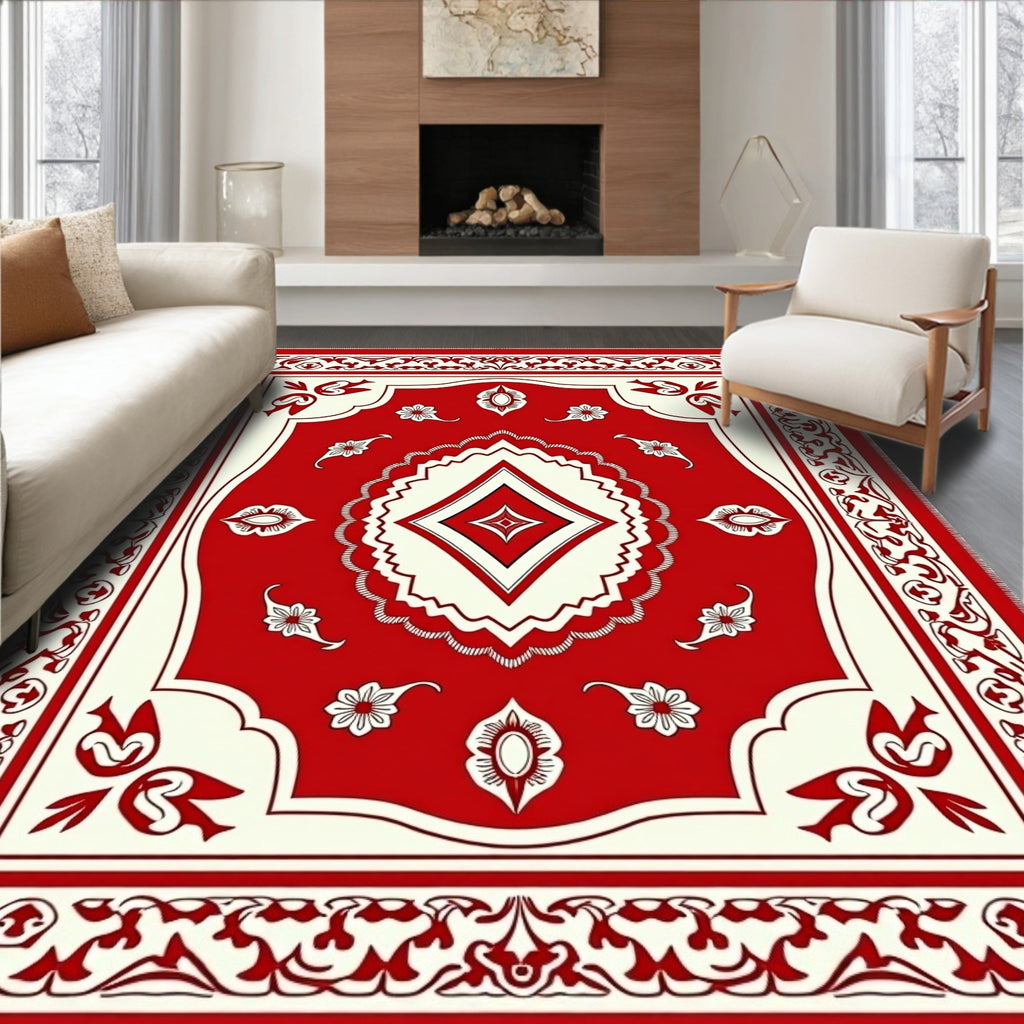 Crimson Ivory Ornate Diamond Floral Rug