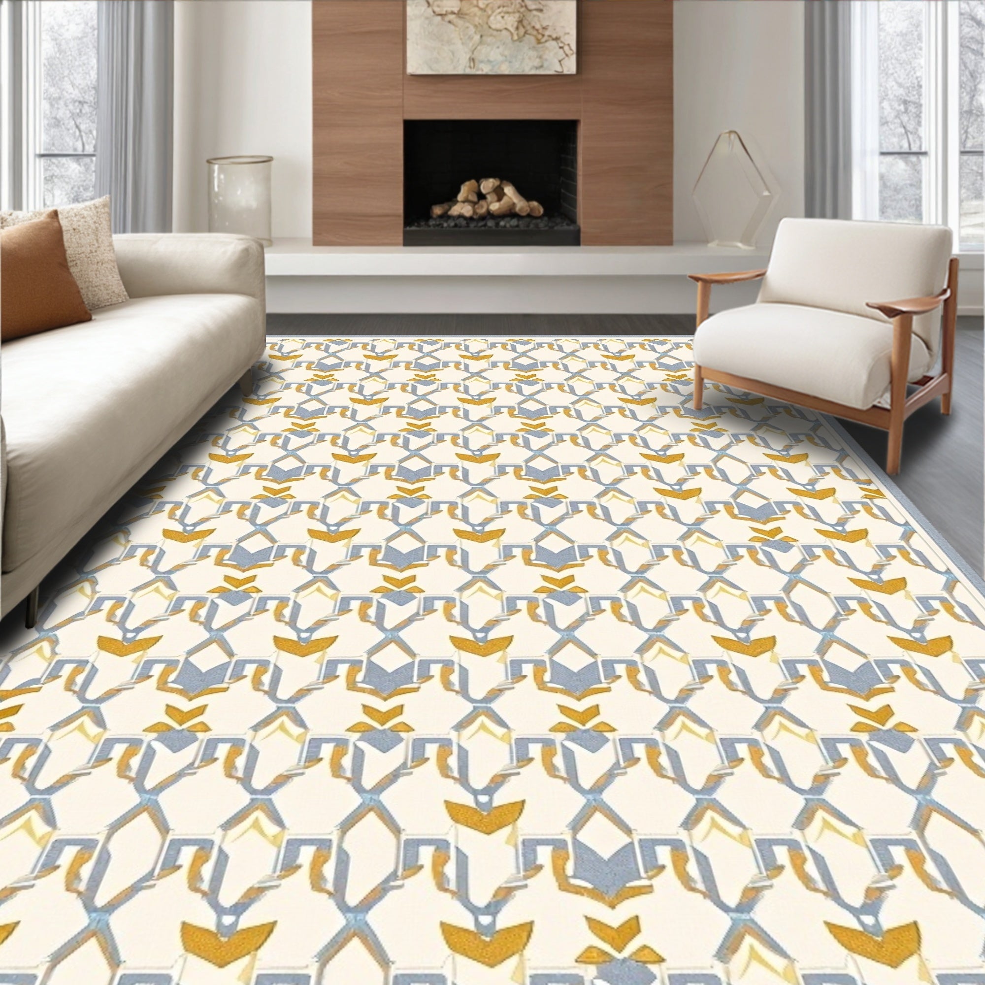 Cream Blue Gold Art Deco Lattice Rug