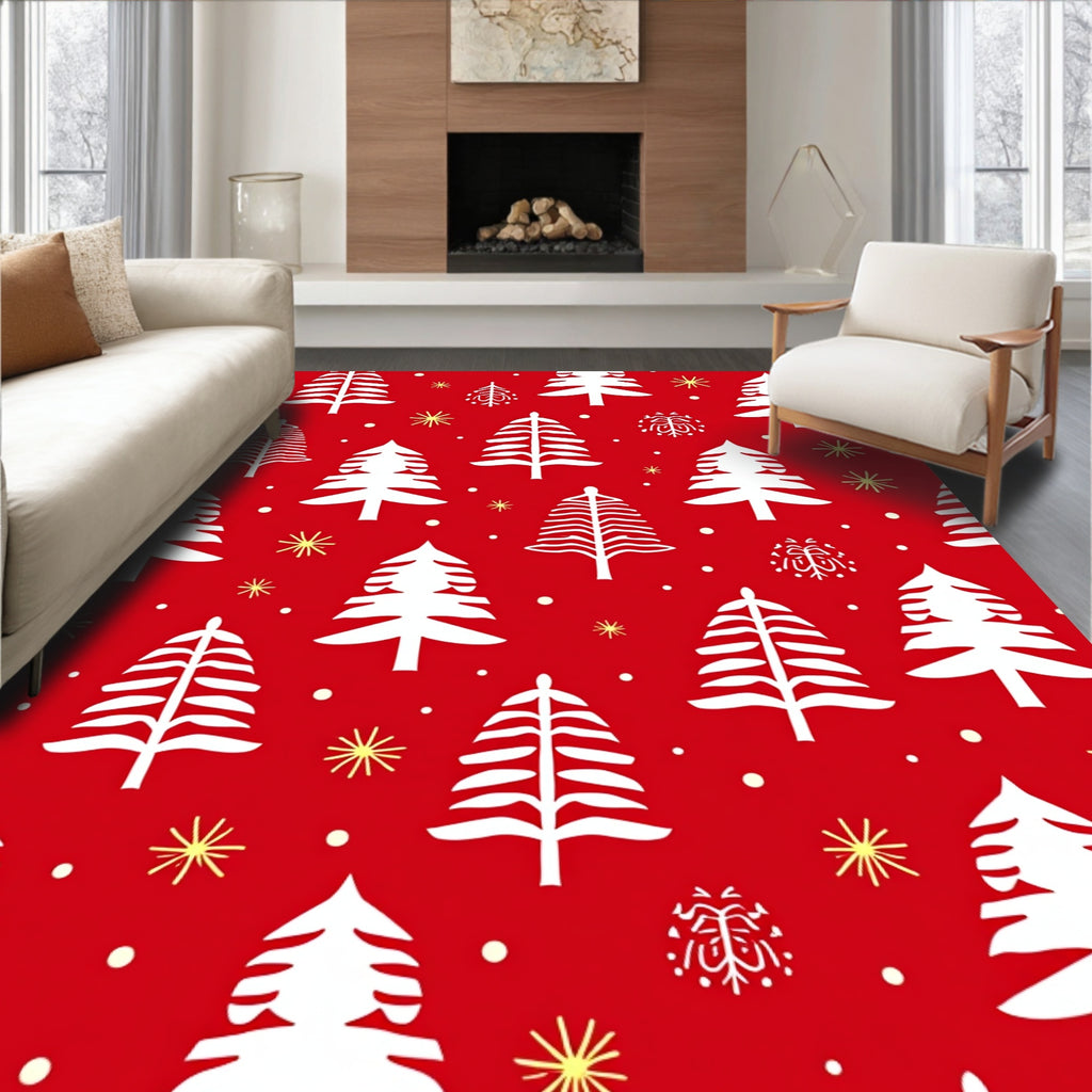 Festive White Christmas Trees Red Rug