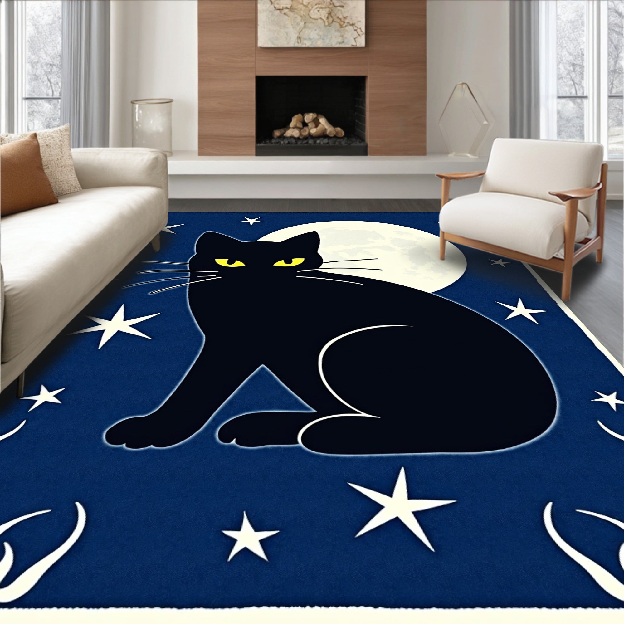 Mysterious Black Cat Moonlit Stars Rug