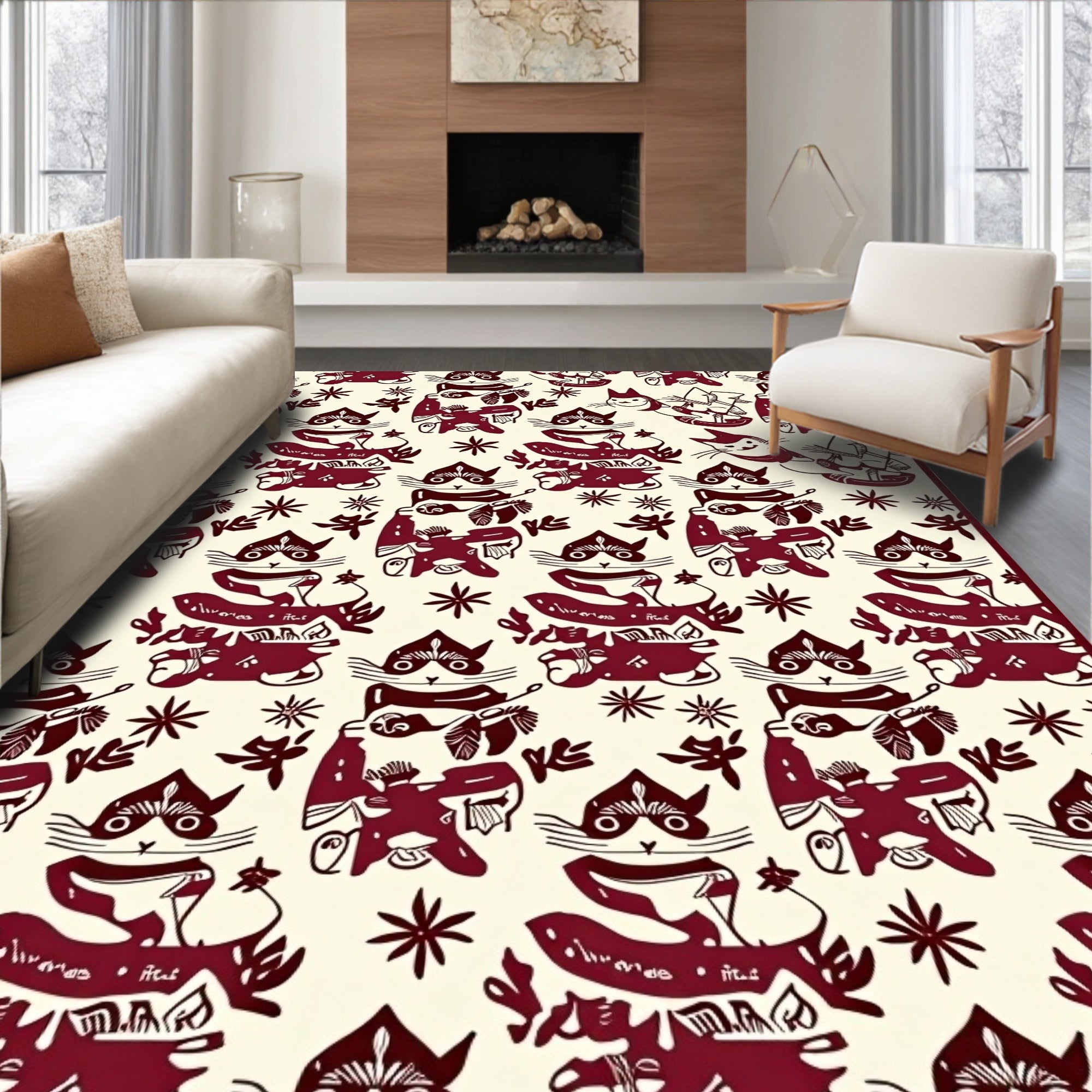 Deep Red Whimsical Cat Sailboat Collage Rug