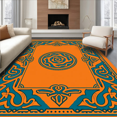 Amber Teal Ornate Geometric Border Rug