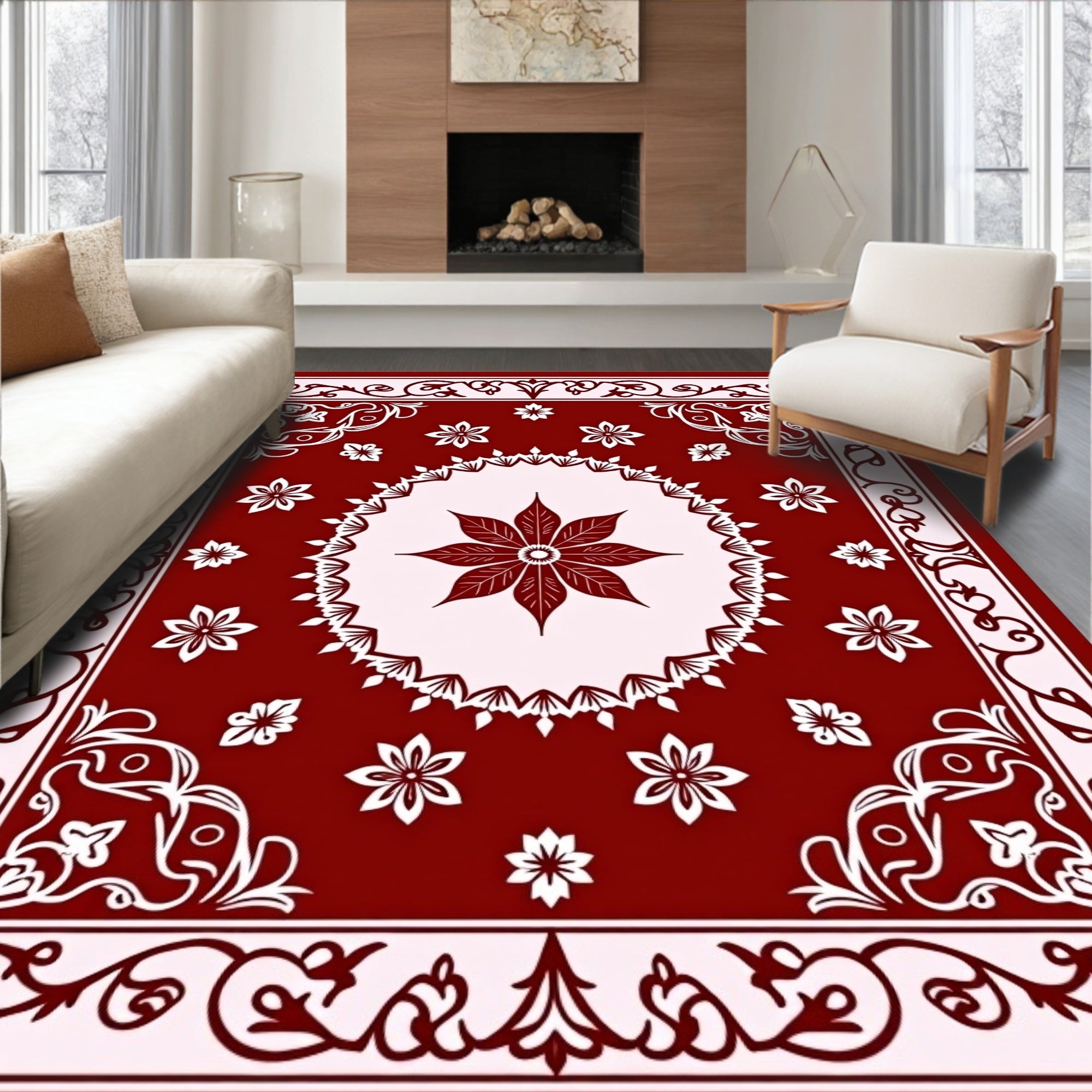 Rich Red Floral Garden Medallion Rug