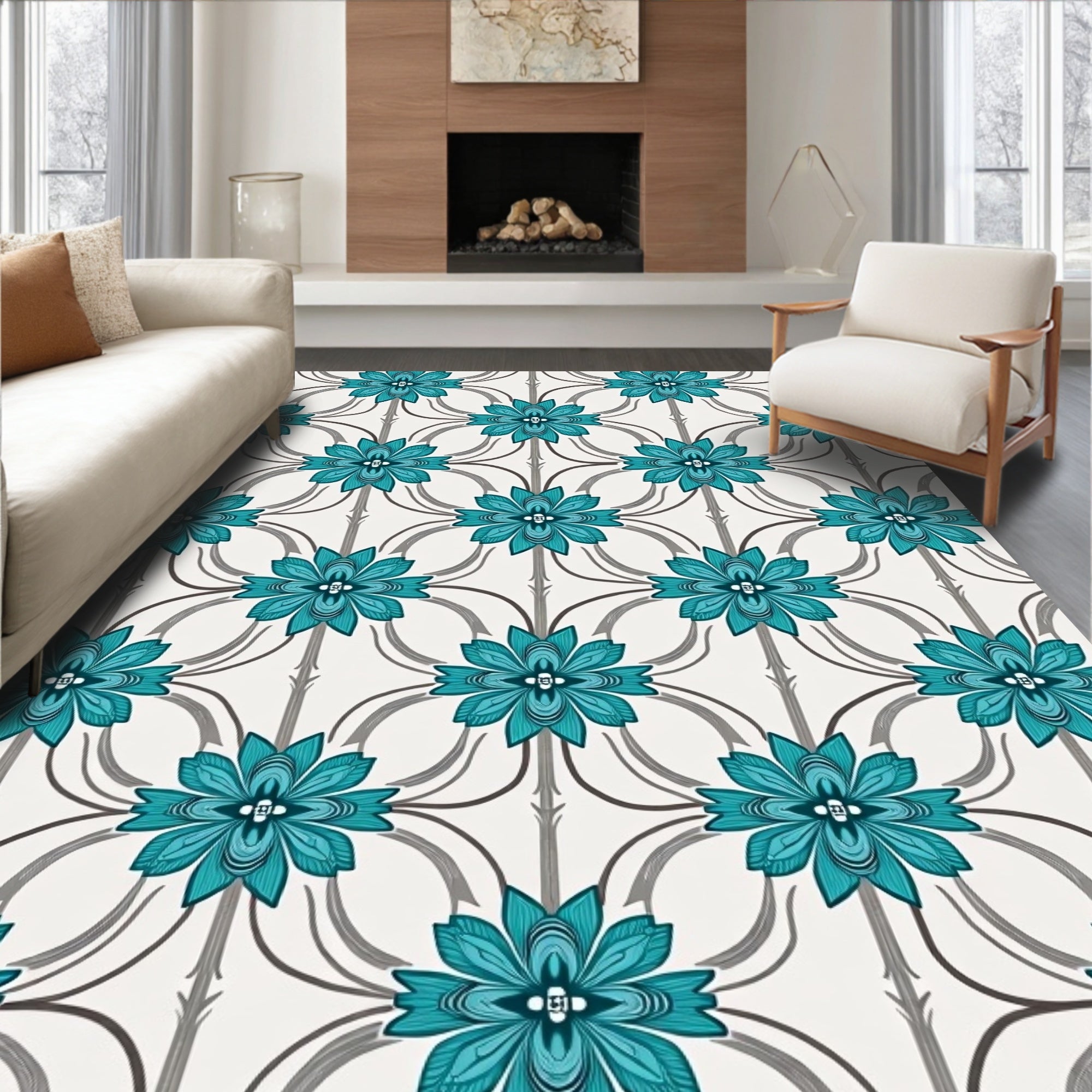 Teal Floral Lattice Medallion Rug