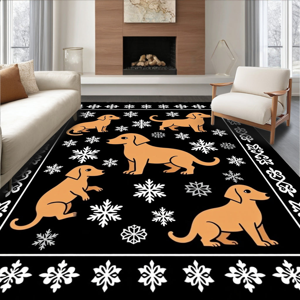 Orange Dachshund Snowflakes Black Border Rug
