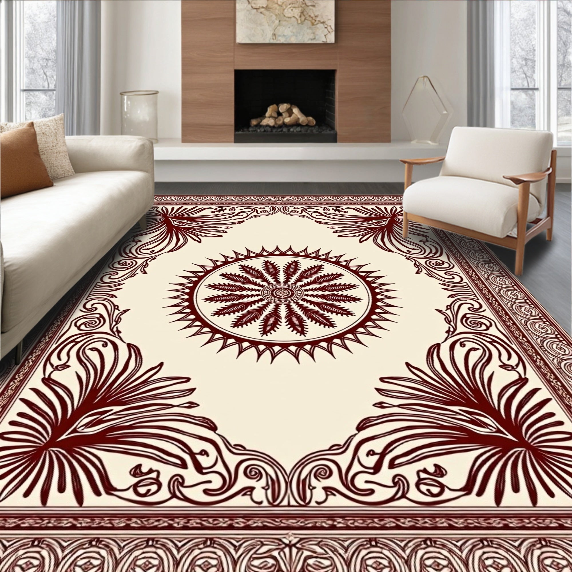 Crimson Sunburst Floral Border Medallion Rug