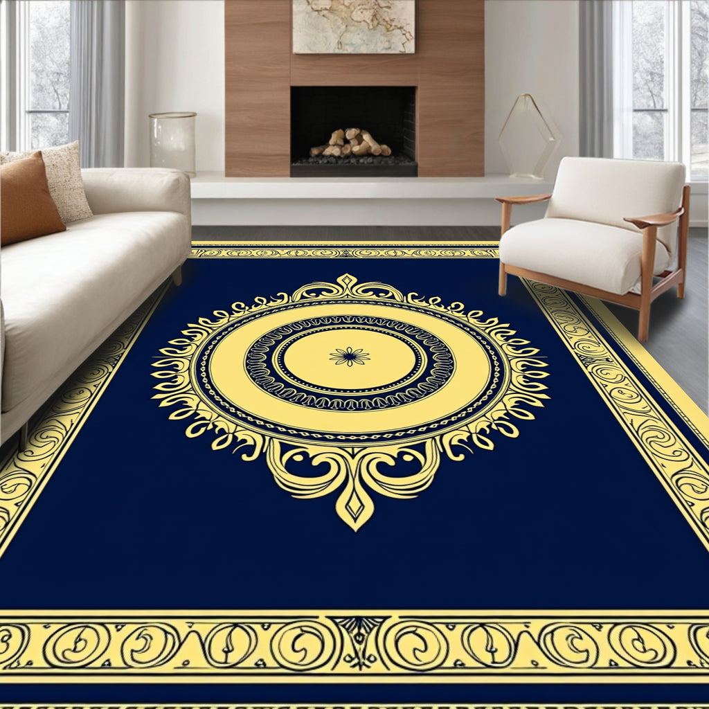 Gold Floral Medallion Navy Yellow Rug