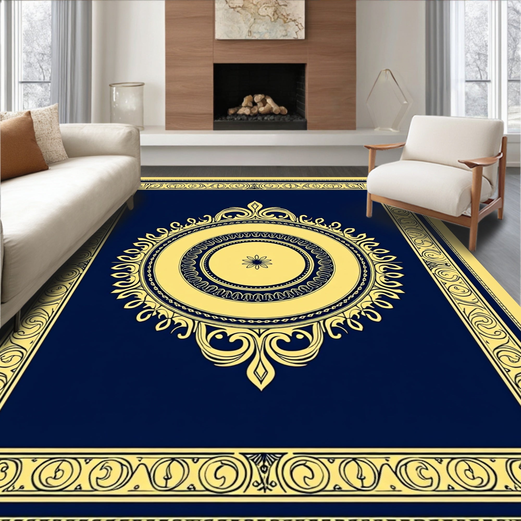 Gold Floral Medallion Navy Yellow Rug