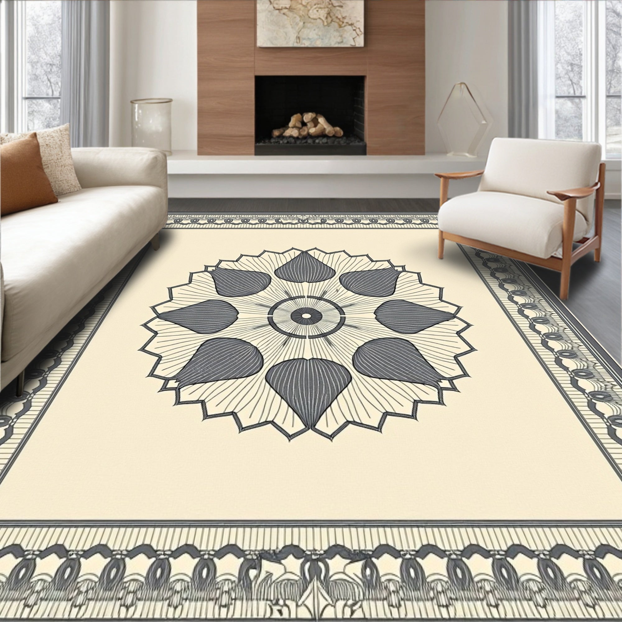 Gray Floral Medallion Bordered Rug