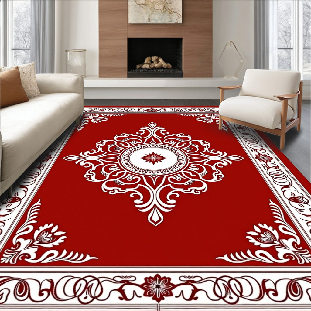 Ornate Crimson Scrollwork Floral Rug