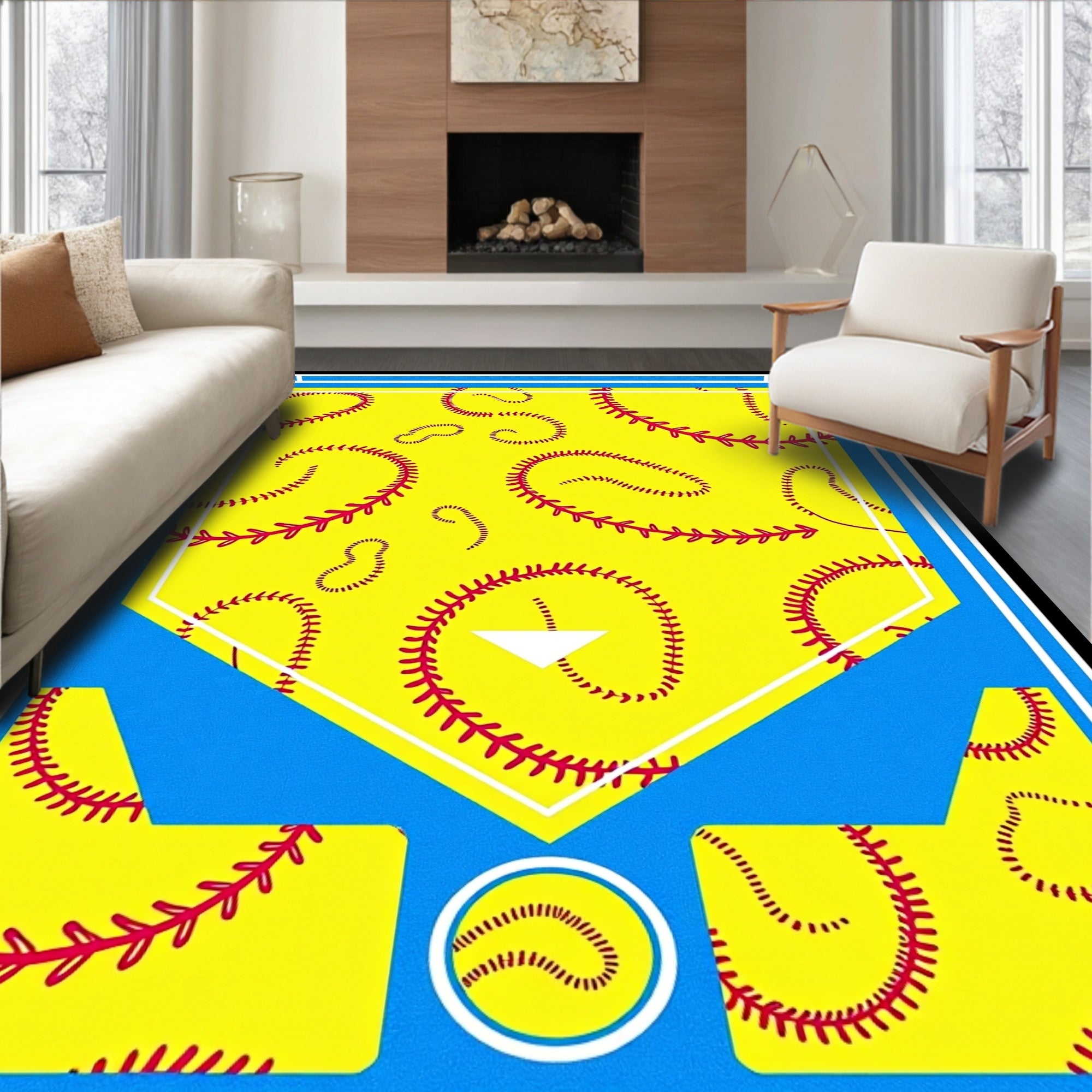 Vibrant Yellow Softball Stitch Area Rug
