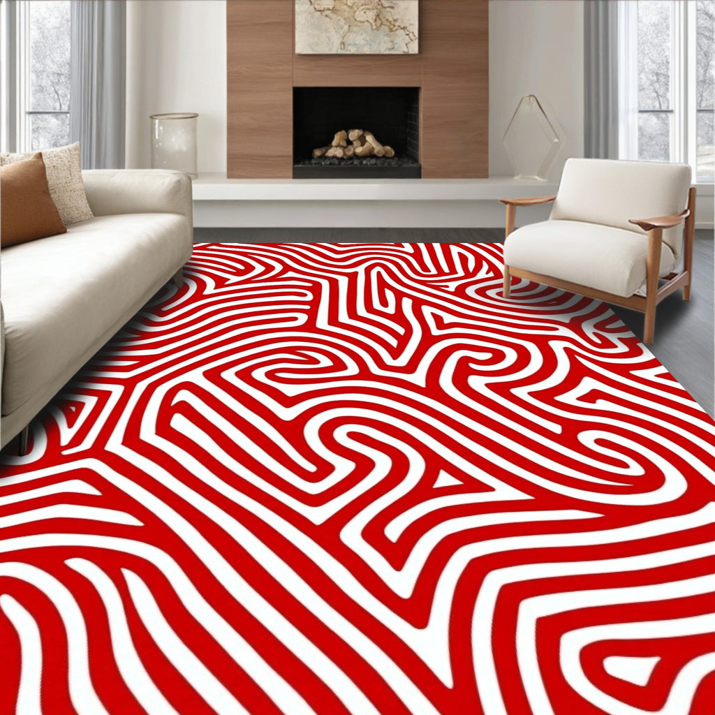 Crimson White Abstract Maze Rug