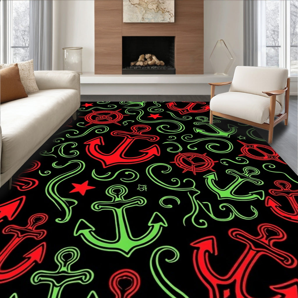 Nautical Red And Green Anchor Swirls Rug