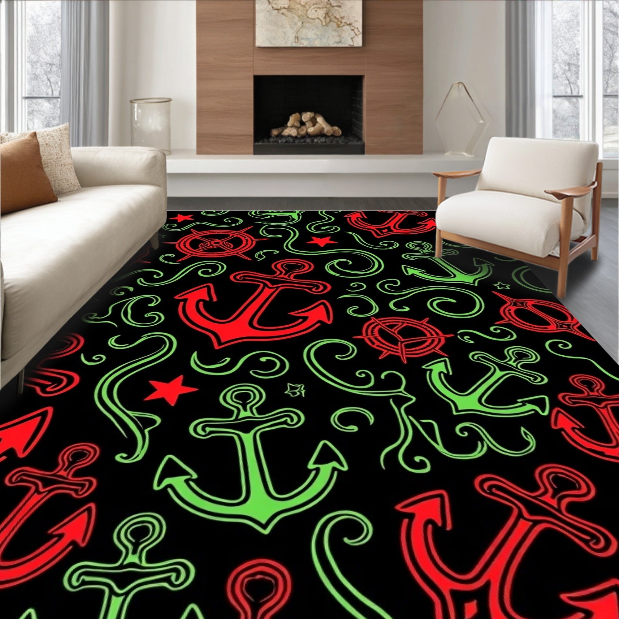 Nautical Red And Green Anchor Swirls Rug