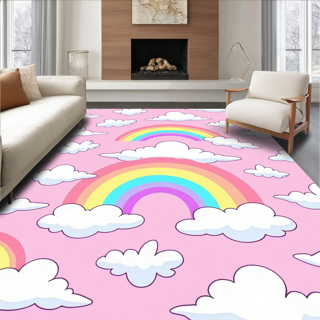 Whimsical Pink Rainbow Cloudscape Rug