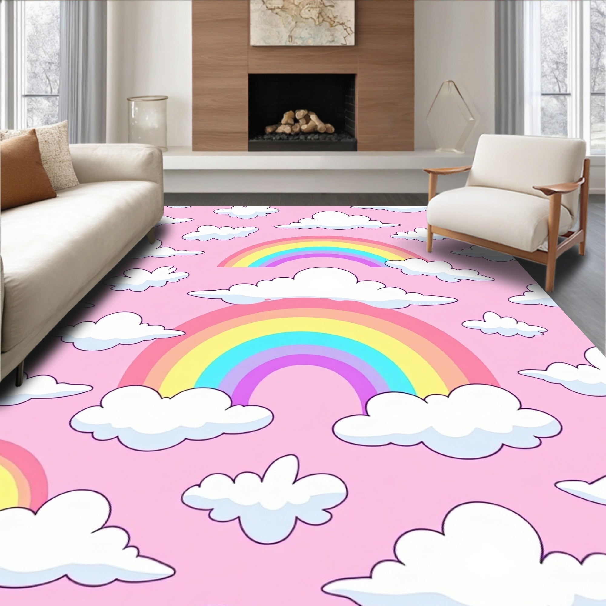 Whimsical Pink Rainbow Cloudscape Rug