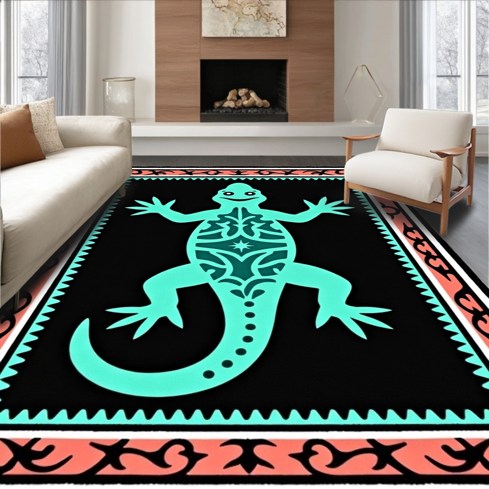 Aqua Gecko Coral Border Rug
