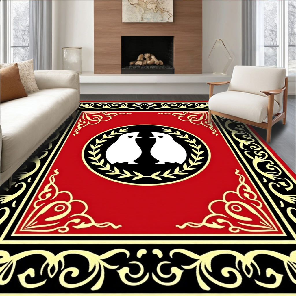 Crimson Red Birds Laurel Wreath Frame Rug