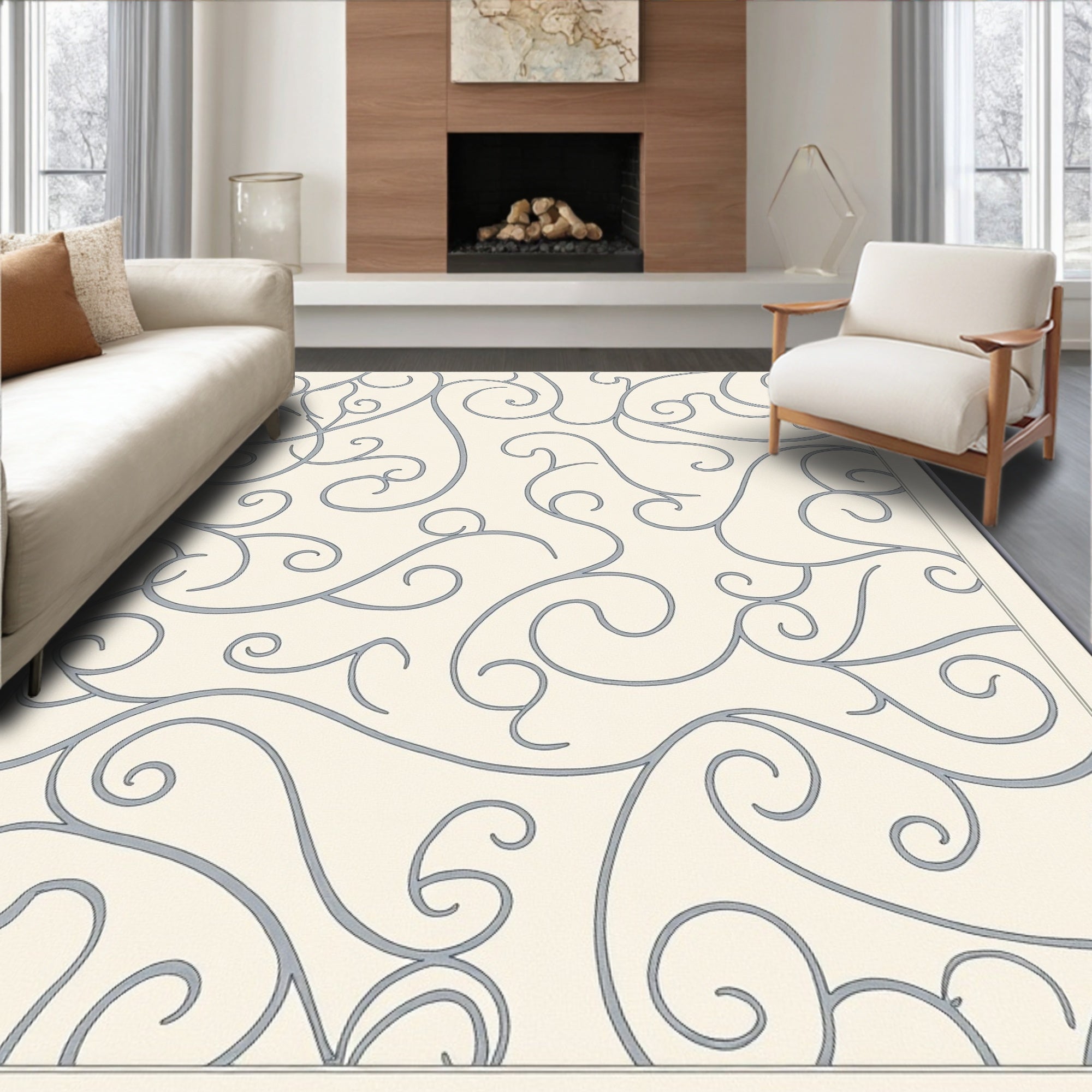 Cream Blue Swirl Flourish Medallion Rug