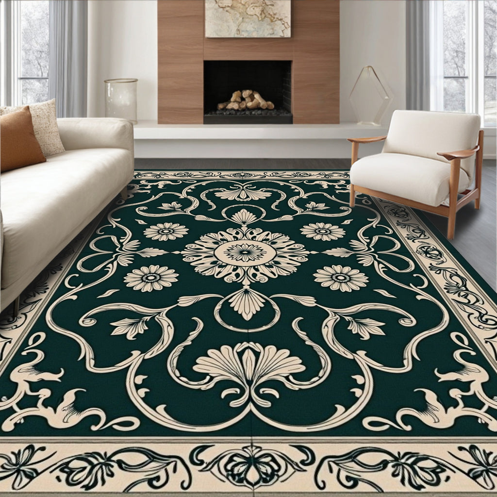 Elegant Cream Floral Vines Dark Green Rug