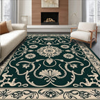 Elegant Cream Floral Vines Dark Green Rug