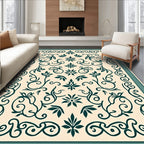 Cream Teal Floral Scroll Border Rug