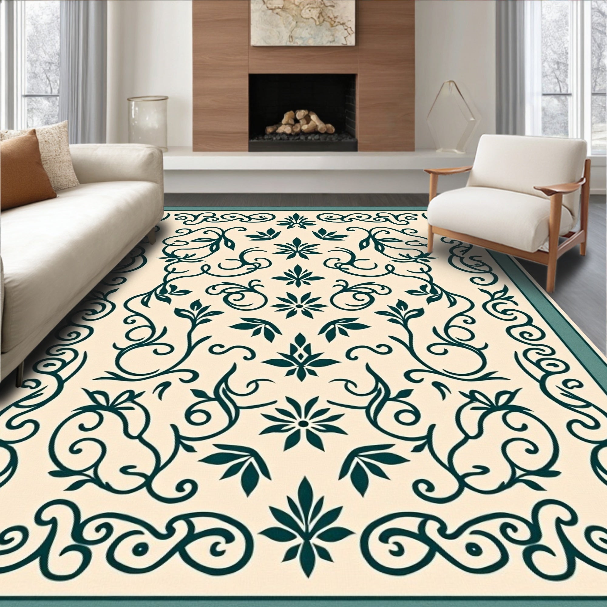 Cream Teal Floral Scroll Border Rug