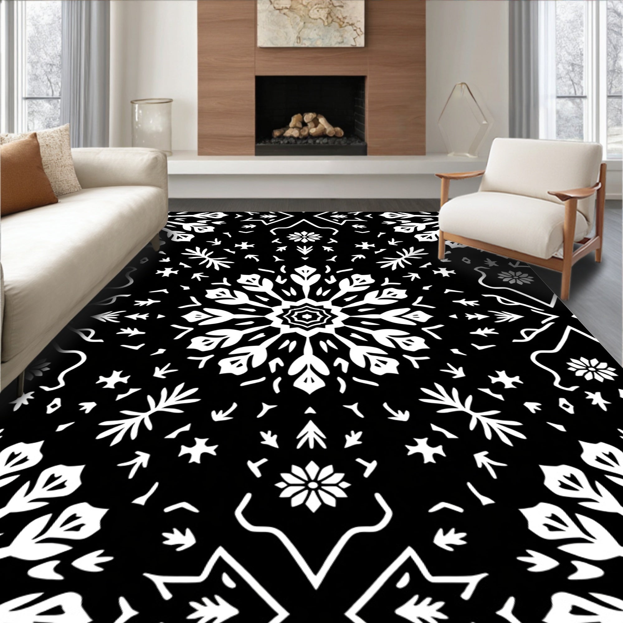 Dark Black White Snowflake Medallion Ornament Rug