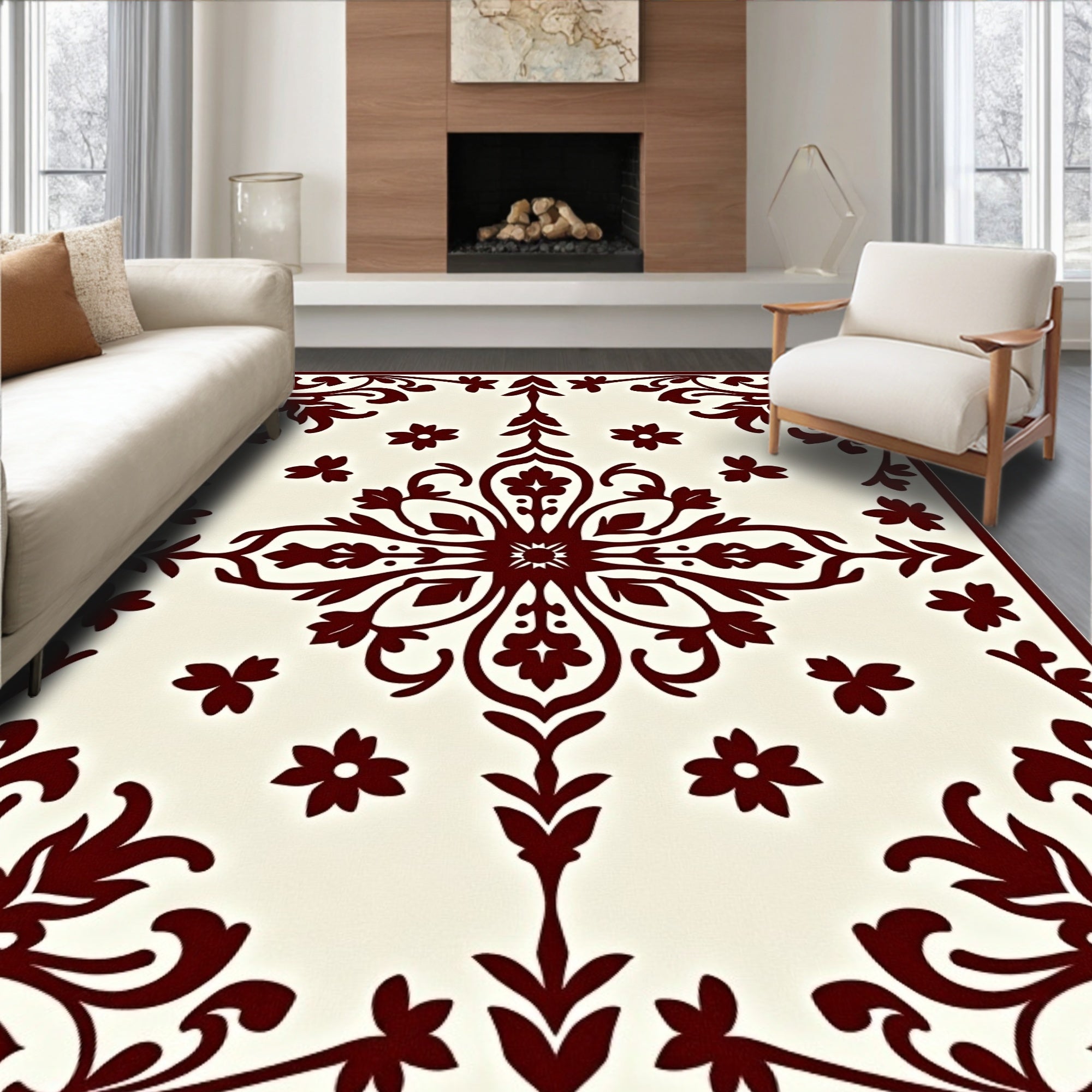 Bold Sanguine Bloom Ivory Area Centerpiece Rug