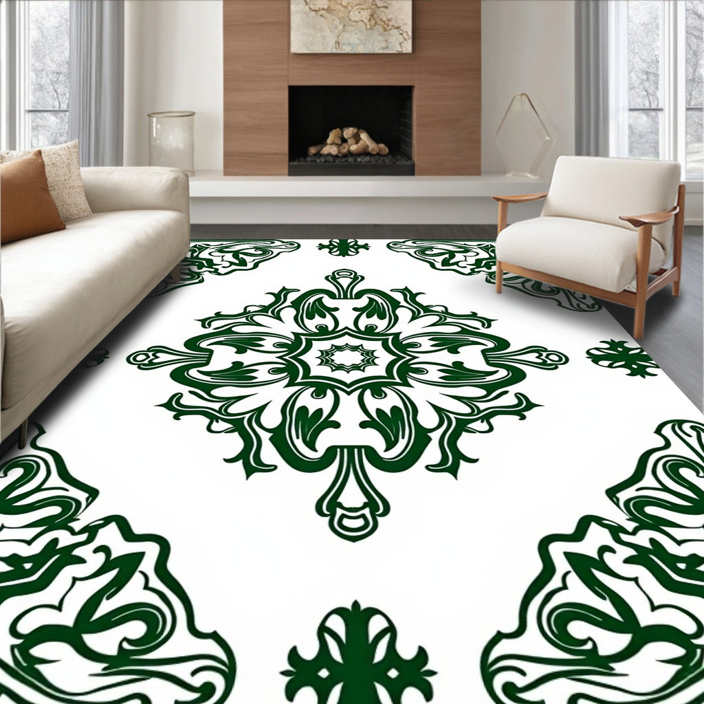 Deep Green Floral Medallion Corners Rug