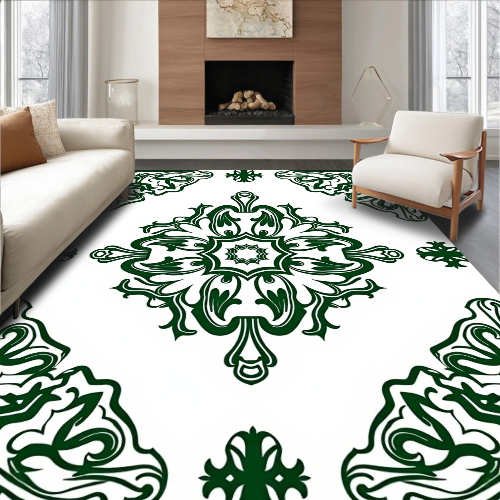 Deep Green Floral Medallion Corners Rug