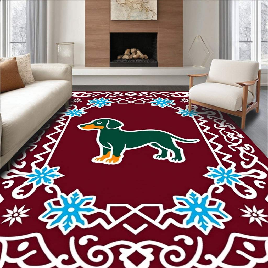 Deep Green Dachshund Blue Snowflake Border Rug