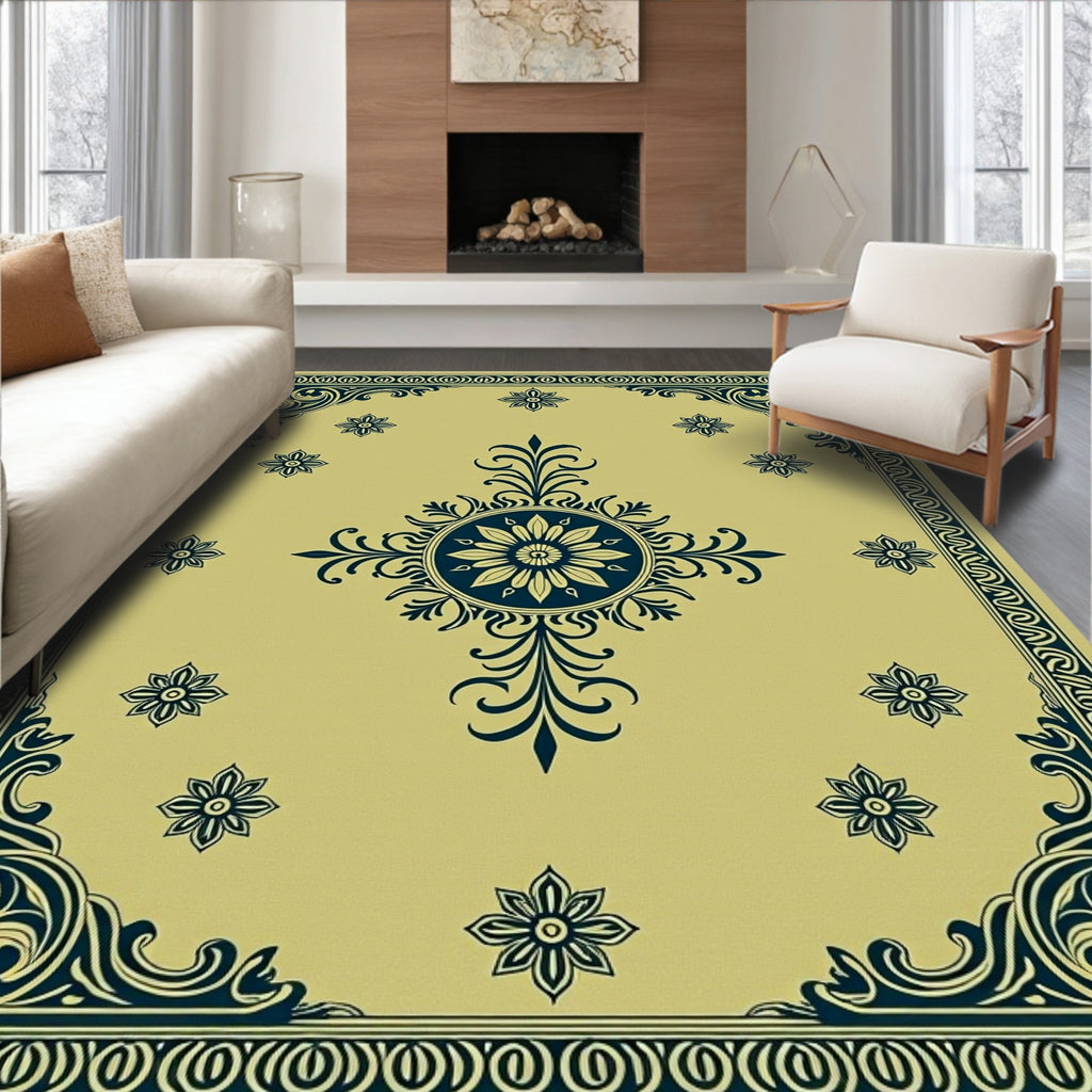 Gold Navy Floral Medallion Border Rug