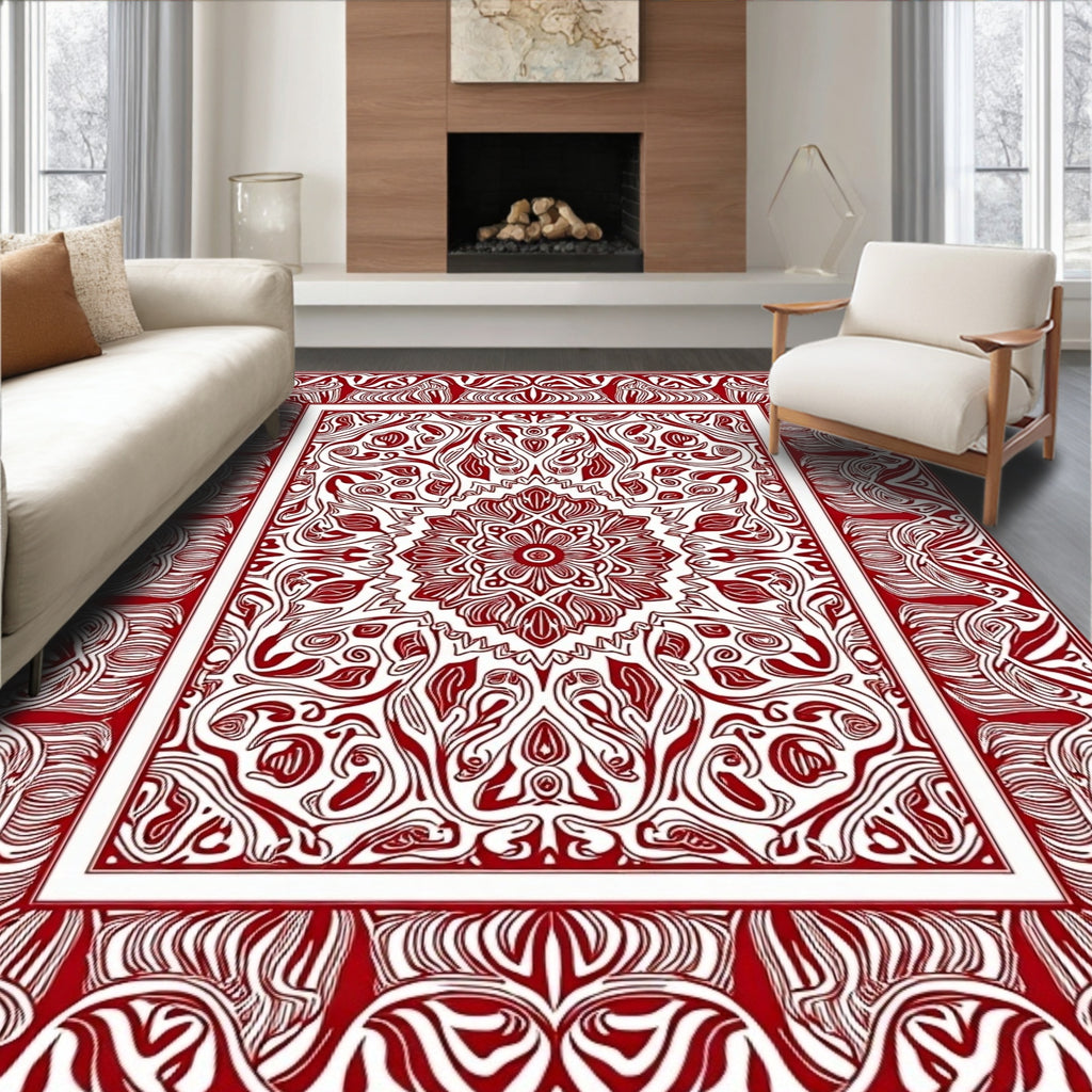 Red White Ornate Medallion Border Rug