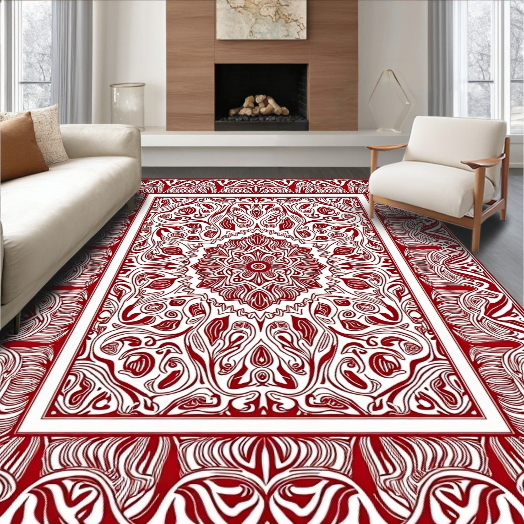 Red White Ornate Medallion Border Rug