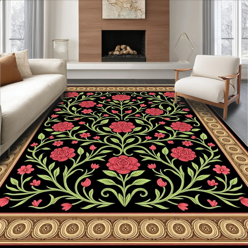 Crimson Roses Black Floral Garden Rug