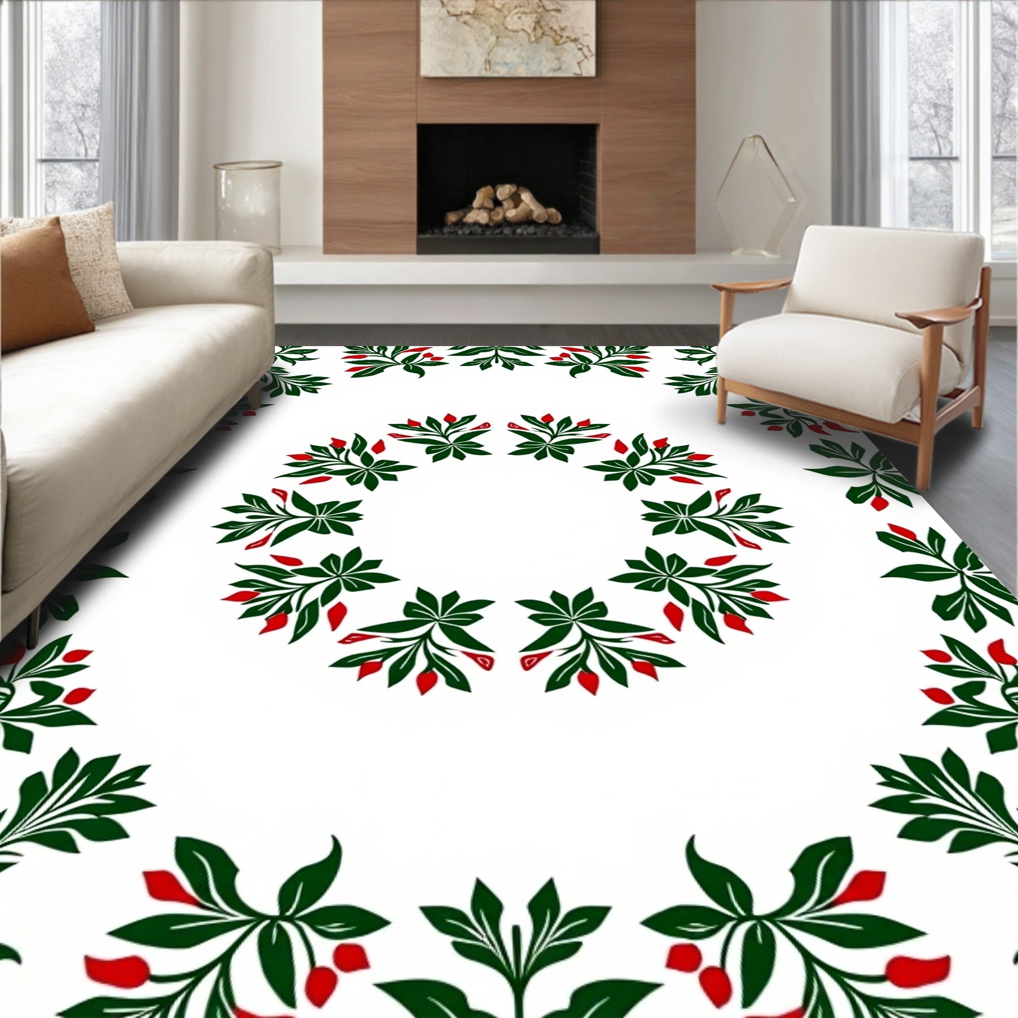 Green Leaf Red Berry Garland Rug
