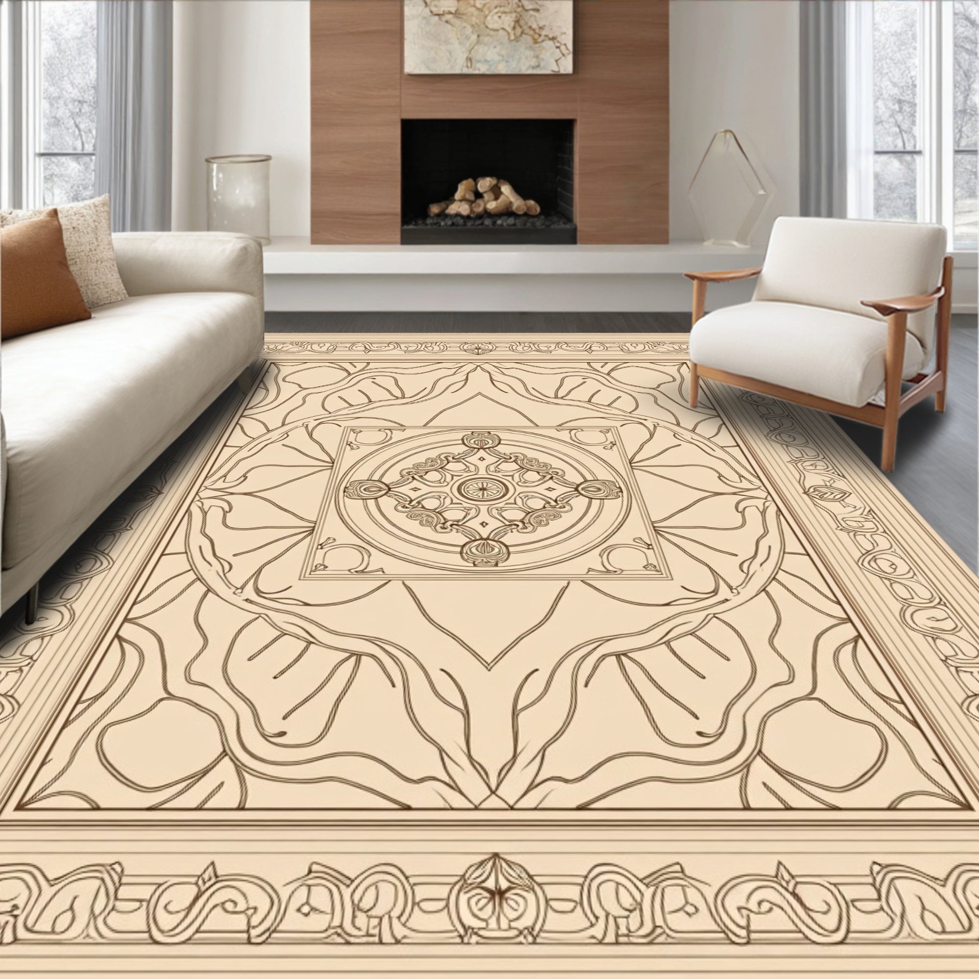 Cream Beige Intricate Medallion Border Rug