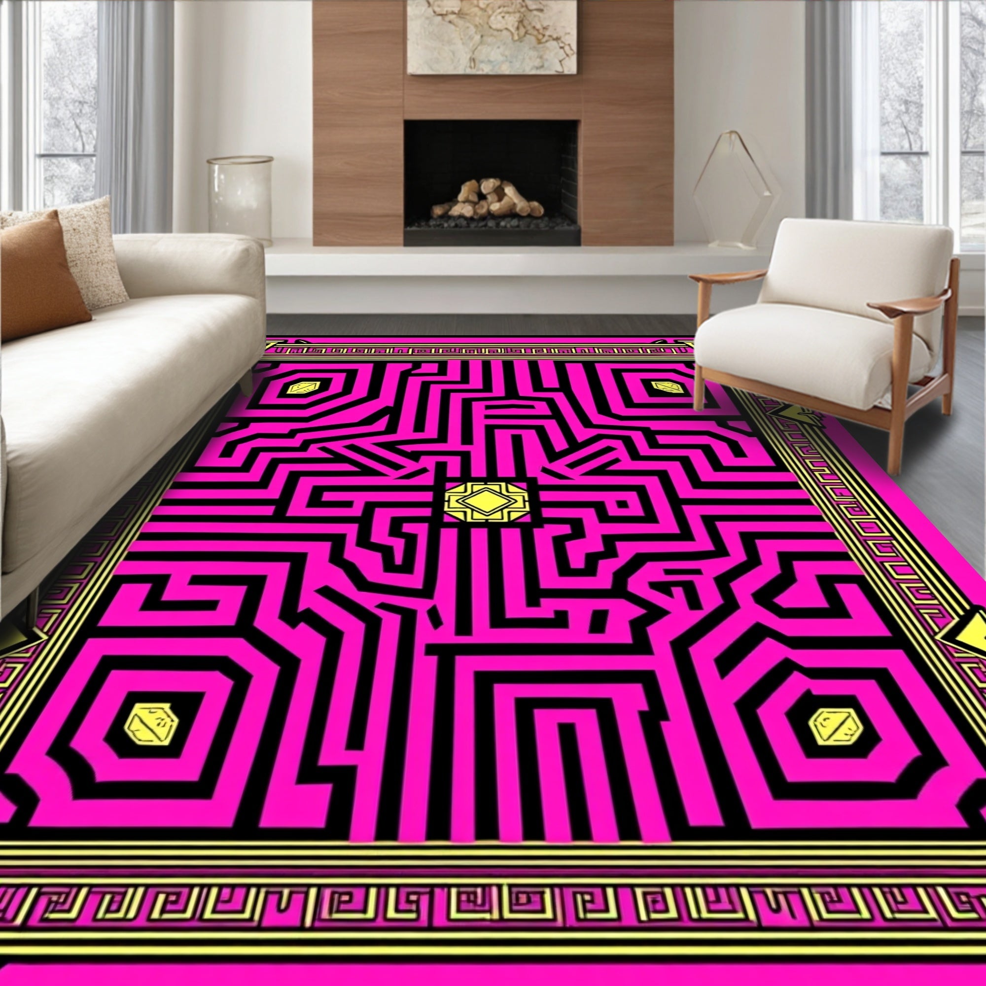 Vivid Pink Maze Geometric Diamond Rug
