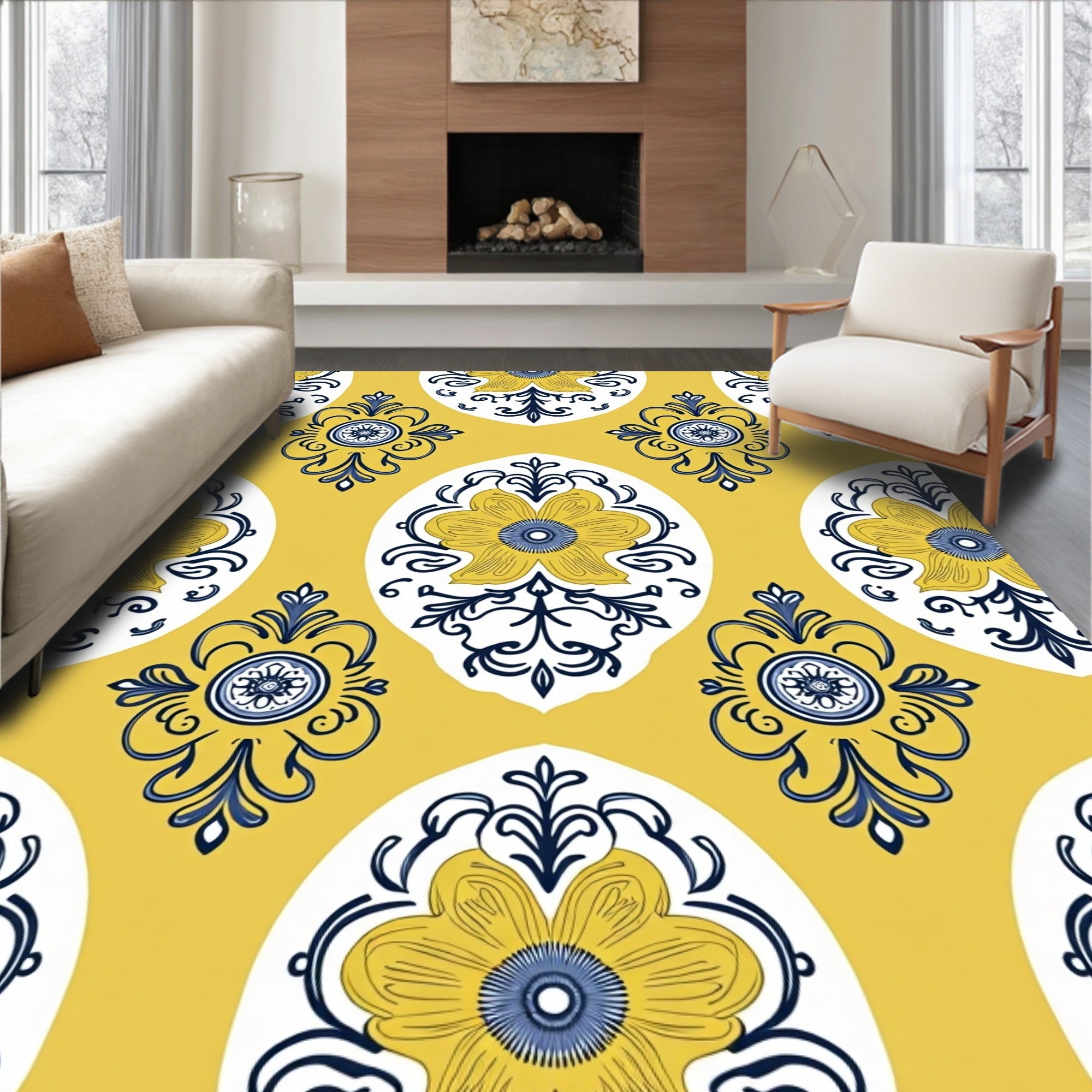 Golden Yellow Floral Medallion Rug