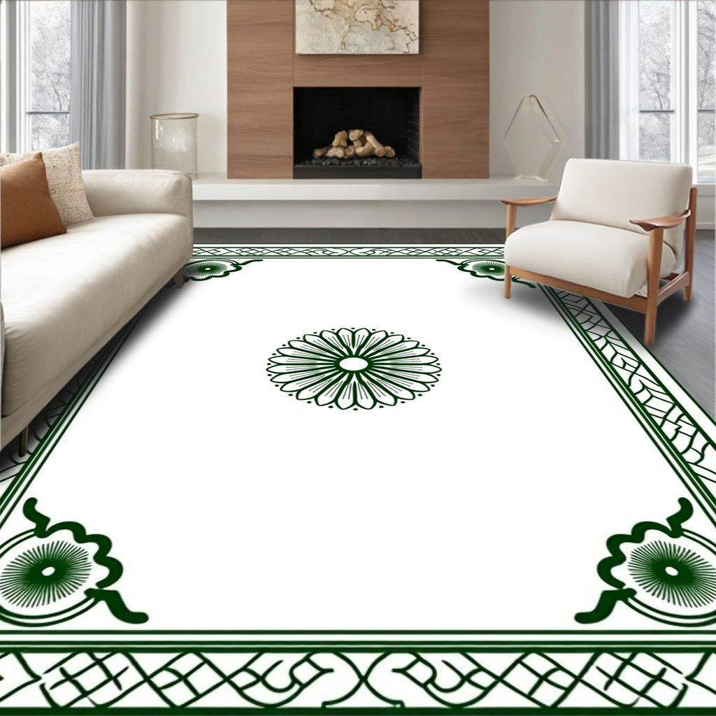 Emerald Green Floral Bordered Statement Rug